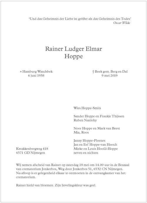 Rouwkaart Rainer Hoppe